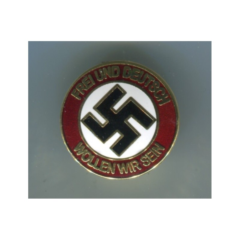 Emellierten NSDAP Abzeichen mit Durchmesser 27 mm. Vorn ist das Motto Frei un Deutsch wollen wir sein gedruckt Emellierten NSDAP Abzeichen mit Durchmesser 27 mm. Vorn ist das Motto Frei un Deutsch wollen wir sein gedruckt
