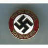 Emellierten NSDAP Abzeichen mit Durchmesser 27 mm. Vorn ist das Motto Frei un Deutsch wollen wir sein gedruckt